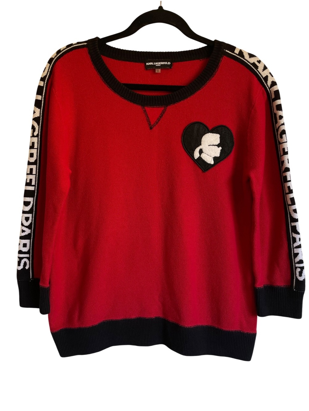 Karl Lagerfeld Paris Heart Patch Scoop-Neck Knit Sweater with Black Trim & Logo